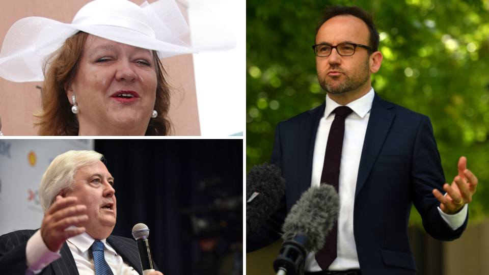 Clockwise: Gina Rinehart; Adam Bandt; Clive Palmer. (Source: Getty)