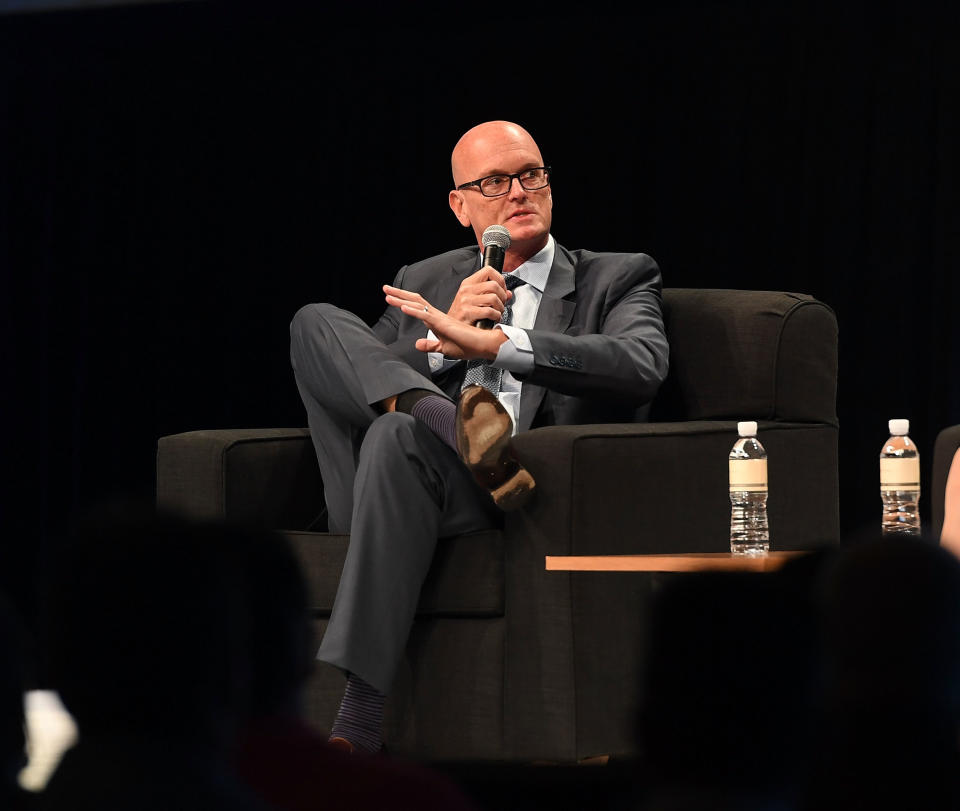 Scott Van Pelt, true to his word, painted a giant Purdue “P” on the side of his head after losing a bet he made with Tyler Trent. (Denise Truscello/Getty Images)