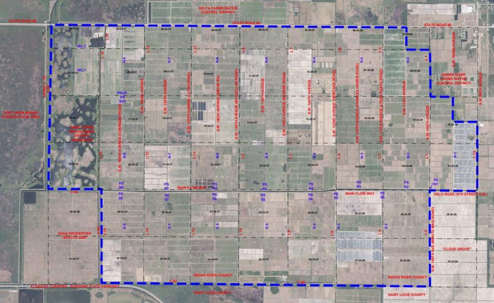 This aerial, taken Jan. 10, 2019, shows in blue dashes the approximate boundaries of the St. Johns Improvement District in southwest Indian River County.