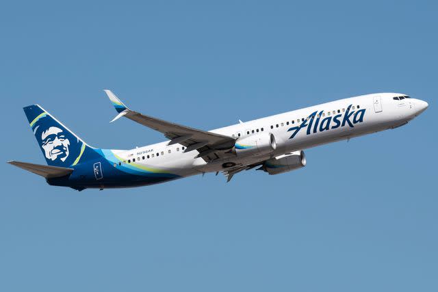 <p>Getty</p> Alaska Airlines plane departing Phoenix Sky Harbor Airport.