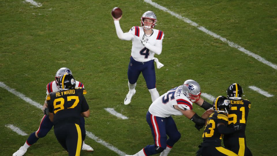 Zappe throws the ball in the second half against the Steelers. - Justin K.Aller/Getty Images