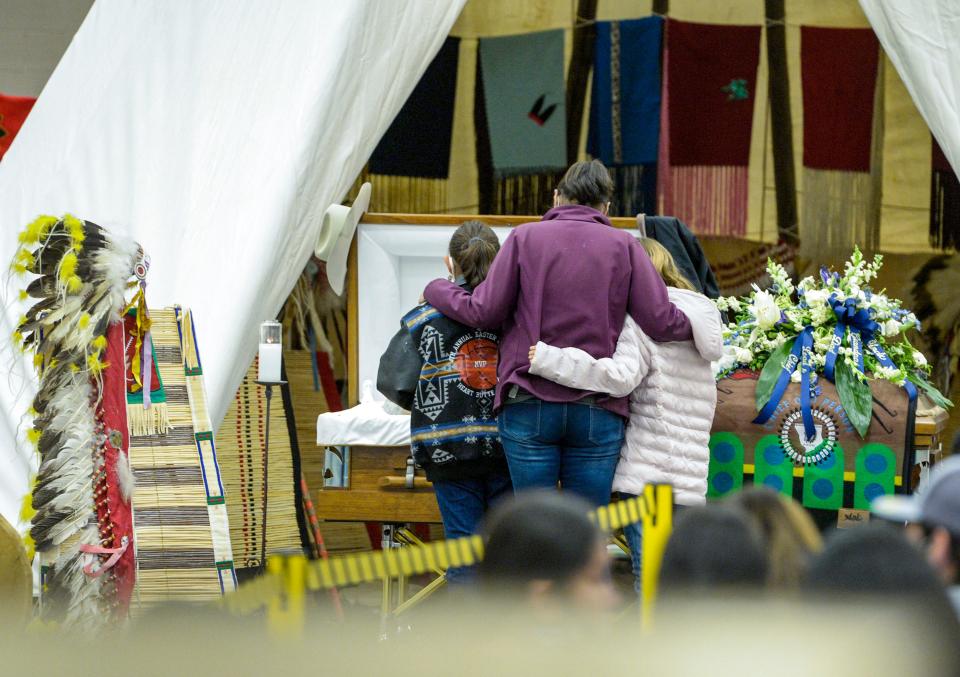 Blackfeet tribal members attend a funeral service for Chief Earl Old Person on Friday in the Browning High School gym. Chief Old Person passed away on October 13 after a battle with cancer.