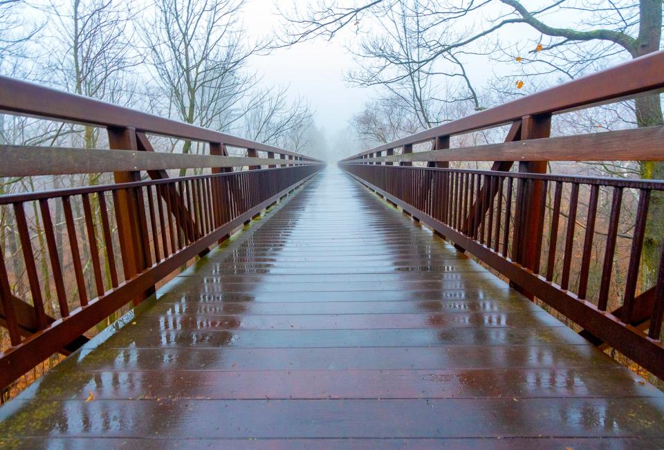 A rain soaked Fox Point Footbridge is seen in Fox Point on a mild and foggy Tuesday, Jan. 3, 2023.