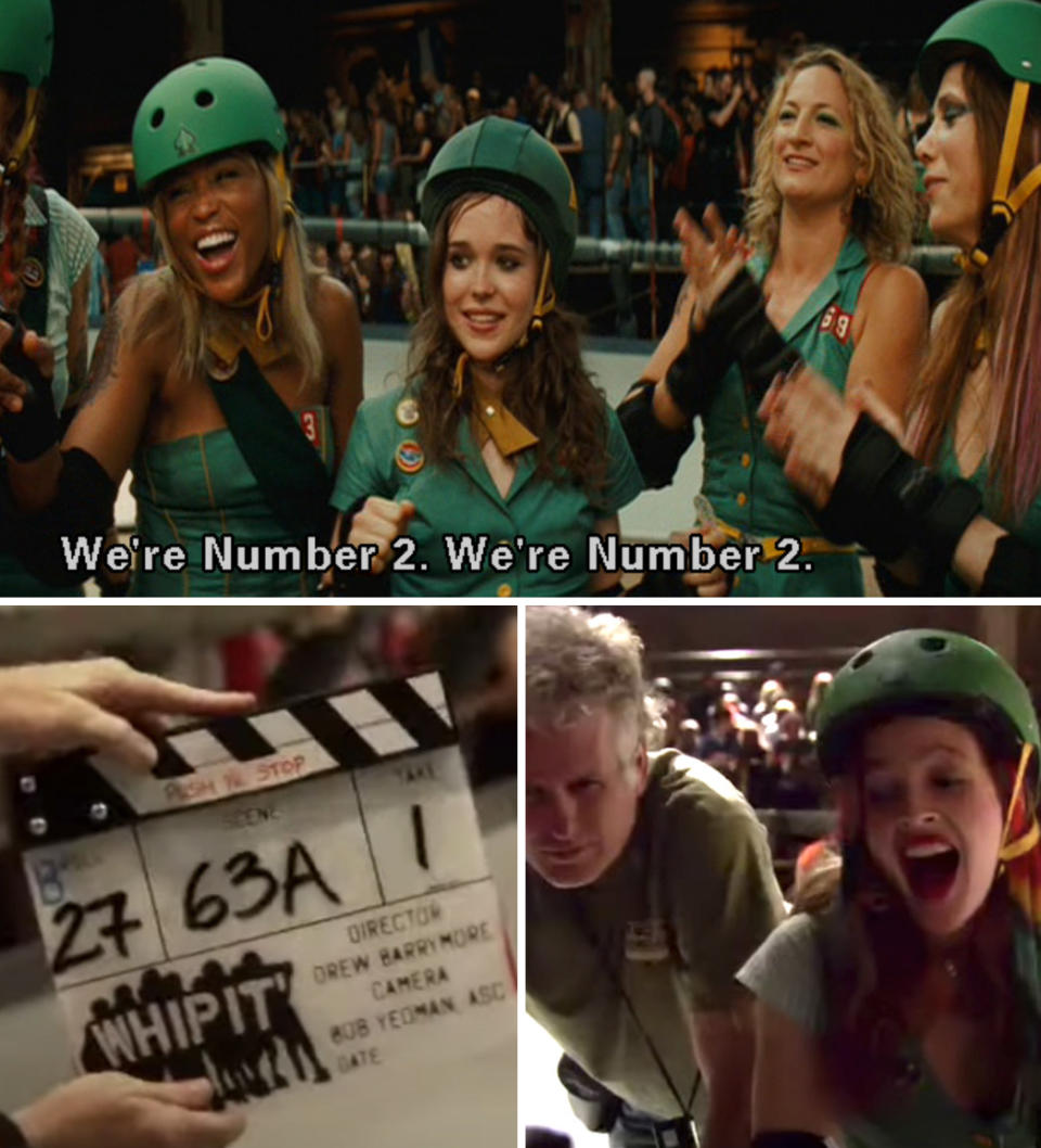 Bliss, Maggie, and the rest of the group chanting: "We're Number 2. We're number 2;" Drew Barrymore behind the scenes directing "Whip It"