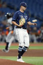 Tampa Bay Rays starting pitcher Shane McClanahan bounced the rosin bag off his hand as Detroit Tigers' Jeimer Candelario runs around the bases after his solo home run during the fifth inning of a baseball game Tuesday, May 17, 2022, in St. Petersburg, Fla. (AP Photo/Chris O'Meara)