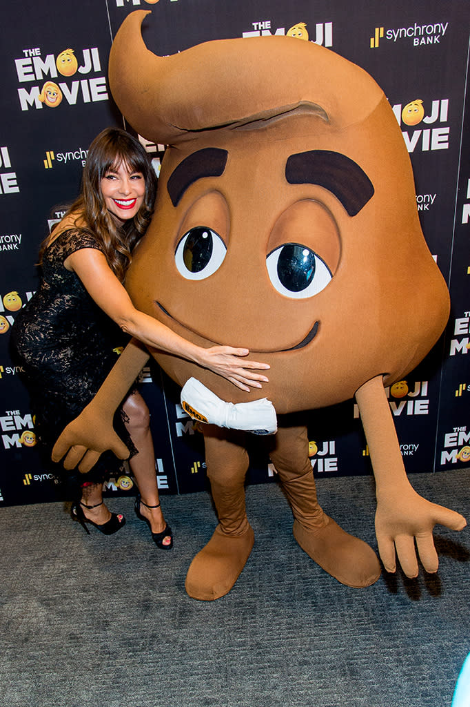 <p>In New York City, another <i>Emoji Movie</i> star snuggled up to an unlikely character –- Patrick Stewart’s “Poop” — at a screening of the family-friendly flick. Joe Manganiello probably shouldn’t be jealous of this guy! (Photo: Roy Rochlin/FilmMagic) </p>