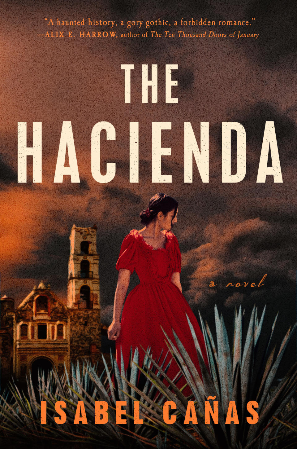 "The Hacienda" cover showing a woman in a field in front of an old mansion