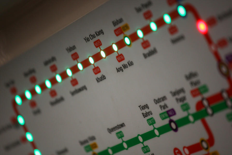 Station route of the North-South Line seen in an SMRT train cabin. (PHOTO: Yahoo News Singapore)