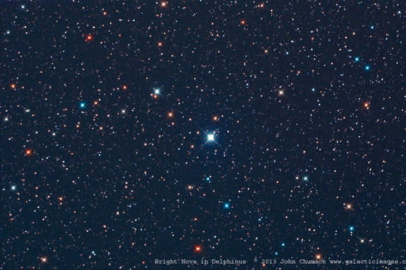 Astrophotographer John Chumack sent in a photo of the new nova in Delphinus, taken August 14, 2013, from his observatory in Yellow Springs, Ohio.