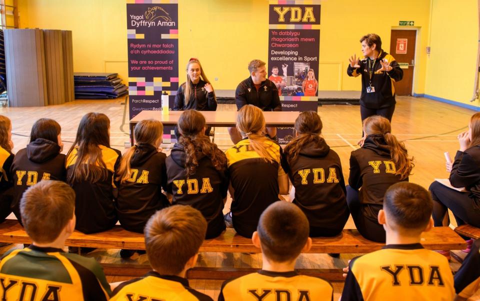 Wales Rugby captains Hannah Jones and Jac Morgan visit their old secondary school Ysgol Dyffryn Aman in Ammanford, Carmarthenshire