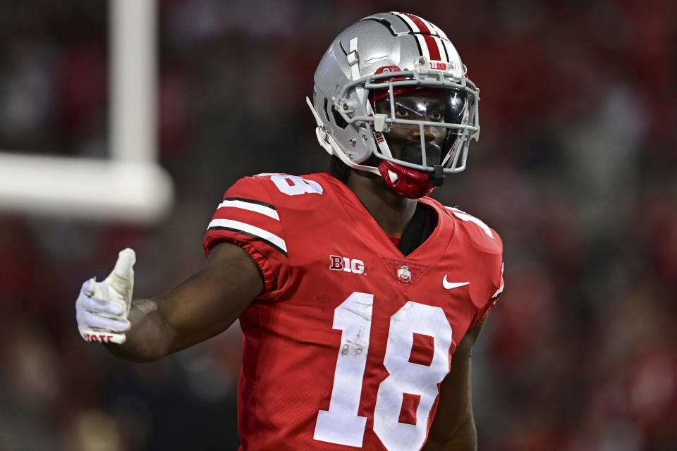 Ohio State wide receiver Marvin Harrison Jr. leads one of the most talented skill position groups in the country this season. (AP Photo/David Dermer)