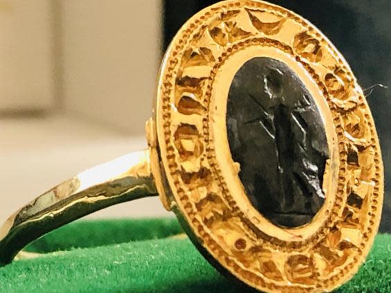 Metal detectorist Tom Clark, 81, discovered a ring he found on farmland near Aylesbury in 1979 is a rare fourteenth century gold ring worth up to £10,000. (Hansons/SWNS)