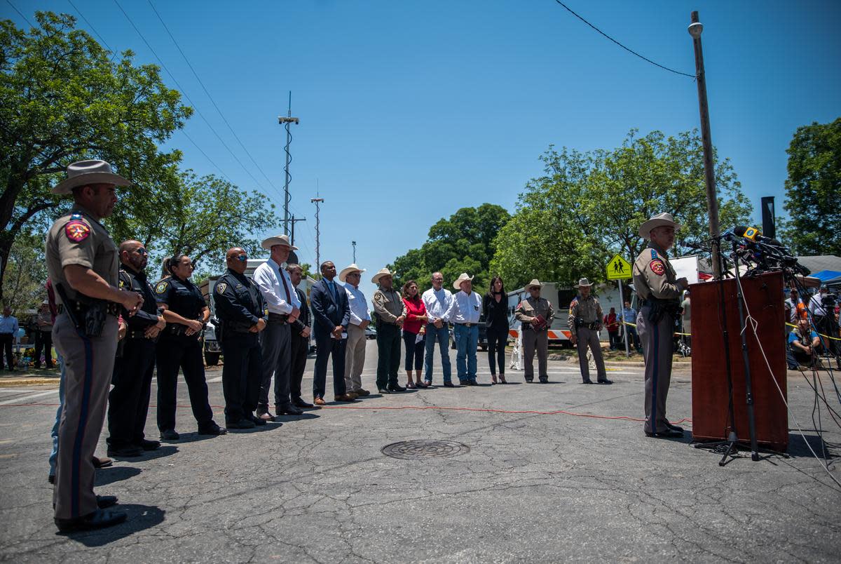 Police hold a press conference on Thursday, May 26, 2022 in Uvalde, TX. Twenty one people were killed after a gunman after a high school student opened fire inside Robb Elementary School on Tuesday where two teachers and 19 students were killed. (Sergio Flores for The Texas Tribune)