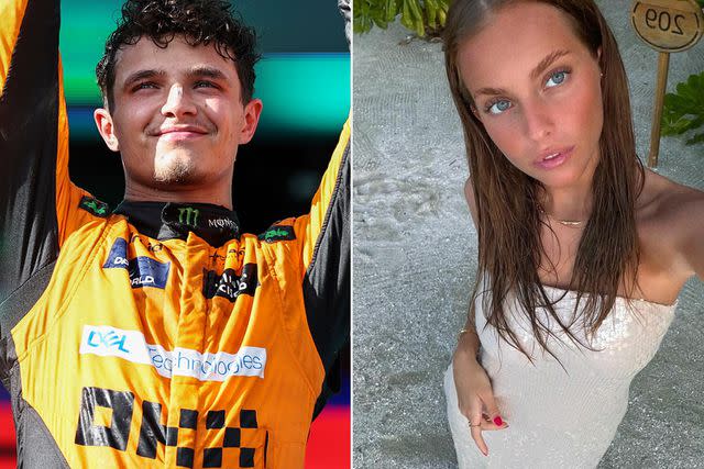 <p>Song Haiyuan/MB Media/Getty; Margarida Corceiro/Instagram</p> Lando Norris of Great Britain and McLaren F1 Team celebrates his win on the podium during the F1 Grand Prix of Miami at Miami International Autodrome on May 5, 2024 in Miami ; Margarida Corceiro in the Maldives in December 2023