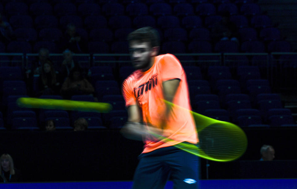 Matteo Berrettini of Italy hits the ball during a training session, prior to his match against Dominic Thiem of Austria, during the ATP World Tour Finals , at the O2 Arena in London, Thursday, Nov. 14, 2019. (AP Photo/Alberto Pezzali)
