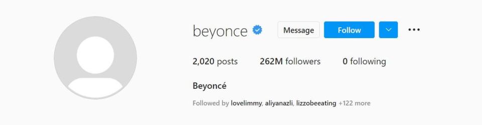 Beyonce’s Instagram presently displays no profile picture (Beyonce / Instagram)