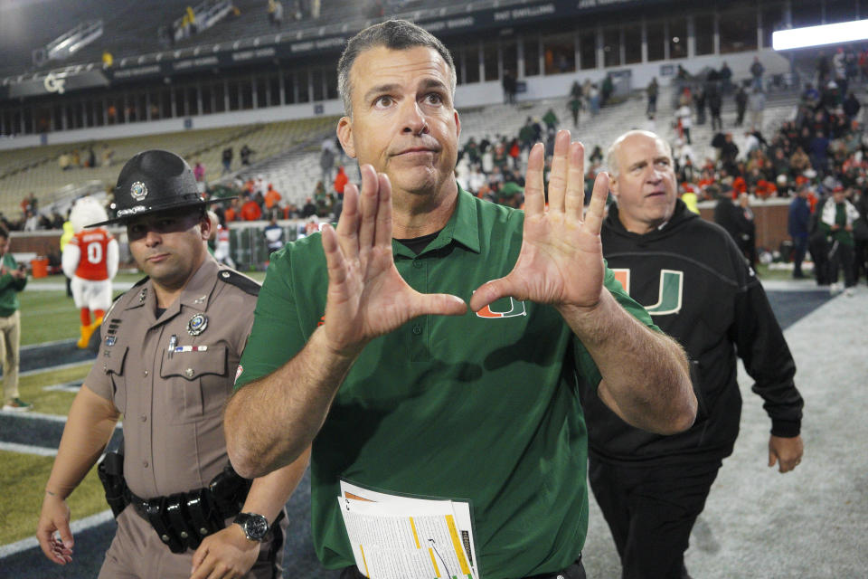 Nov. 12, 2022; Atlanta, Georgia; Miami Hurricanes head coach Mario Cristobal celebrates after a victory against the Georgia Tech Yellow Jackets at Bobby Dodd Stadium. Brett Davis-USA TODAY Sports