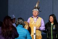 Hereditary chiefs of the indigenous Wet'suwet'en Nation are welcomed with a ceremonial greeting in Tyendinaga