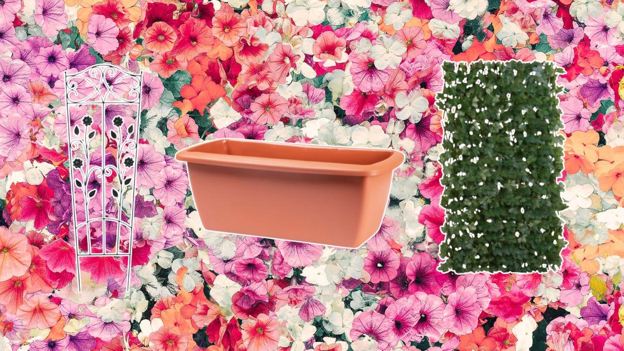  Lidl small balcony furniture buys including a trellis, planter, and balcony privacy on a floral pink background. 