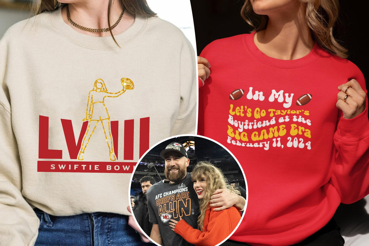 Martha Streck holding a shirt with a football player and another woman holding a shirt for apparel collection brought by Travis Kelce and Taylor Swift.