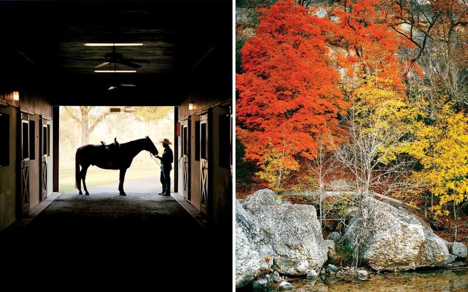 From left: The equestrian center at the Inn at Dos Brisas, a luxury ranch in Washington, Texas; Lost Maples State Natural Area, where you can see the leaves change in late October and early November.