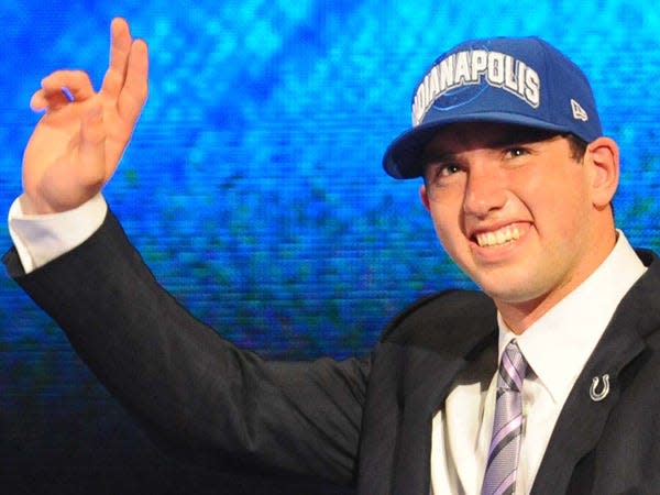 Andrew Luck waves to the crowd in New York City after being selected No. 1 in the 2012 NFL Draft.