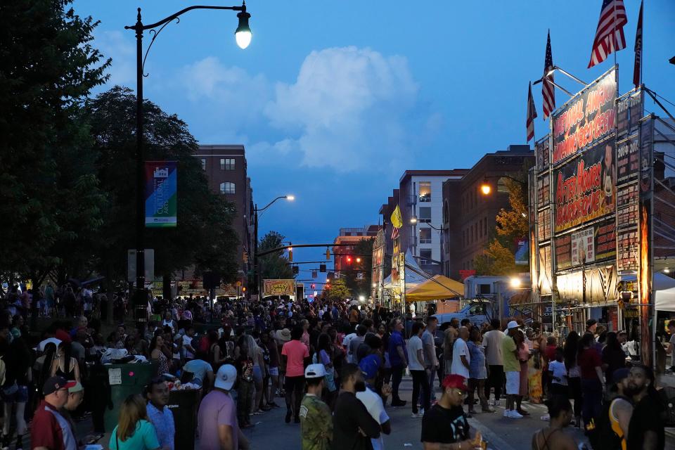 Jul 22, 2023; Columbus, Ohio, U.S.; Downtown Columbus on Saturday night during Jazz and Rib Fest. 