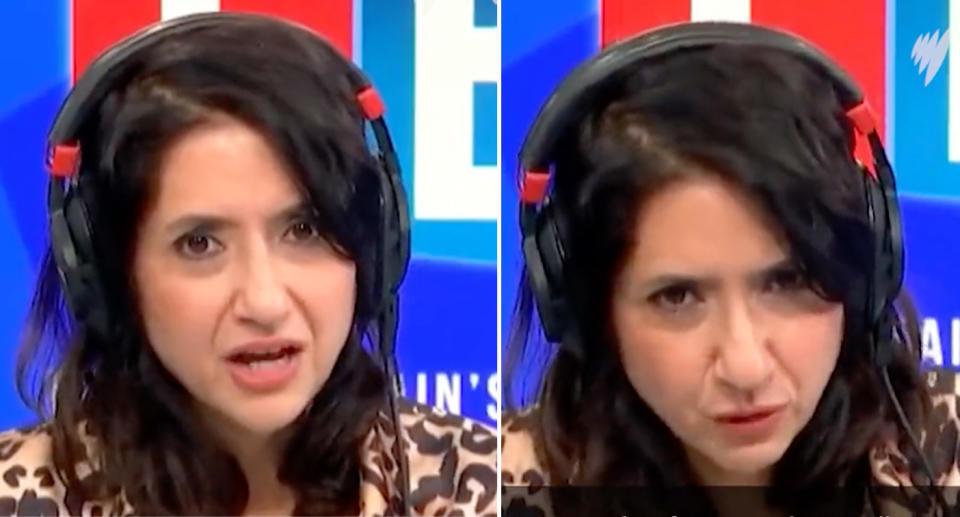 Radio host Sangita Myska calls out a racist caller as Britain scrambles for a new prime minister.