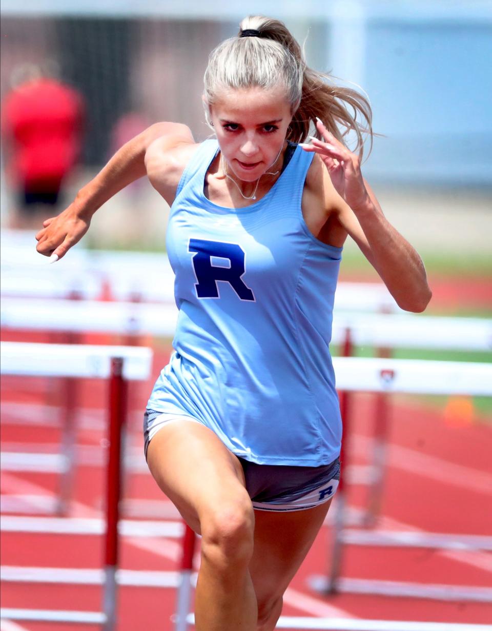 Rockvale’s Eliza Ruch, runs to the finish line after completing her hurdles in the girls 100-meter hurdles during the Class-AAA Section 2 Sectional Track and Field meet on Tuesday, April 9, 2023, at Stewarts Creek.