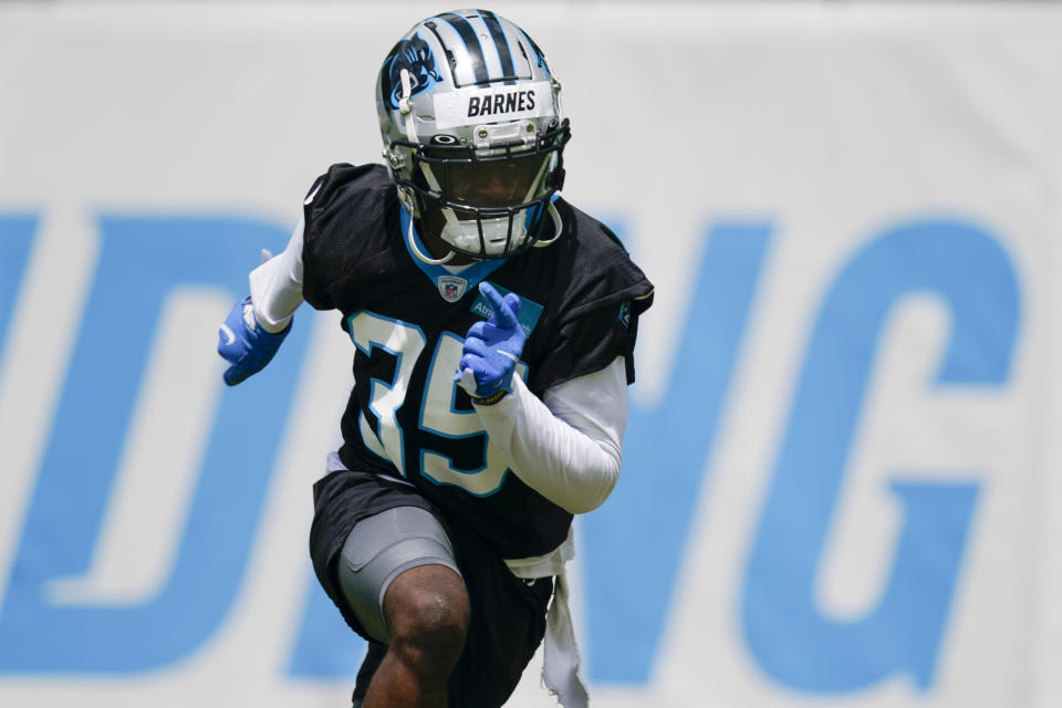 Carolina Panthers' Kalon Barnes takes part in drills at the NFL football team's rookie minicamp Saturday, May 14, 2022, in Charlotte, N.C. (AP Photo/Chris Carlson)