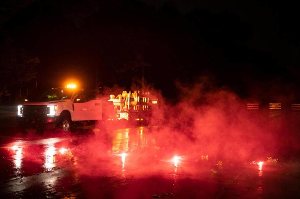 Flares block 95th Street in Leawood, KS early in the morning on June 8, 2022, after a suspected tornado struck.