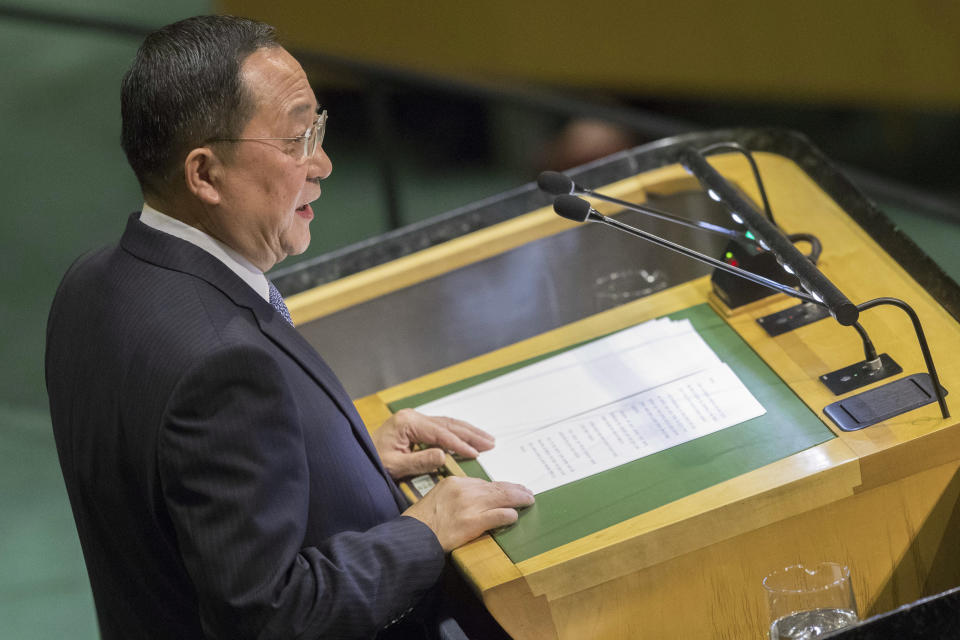 North Korean Foreign Minister Ri Yong Ho addresses the 73rd session of the United Nations General Assembly,Saturday, Sept. 29, 2018 at U.N. headquarters. (AP Photo/Mary Altaffer)