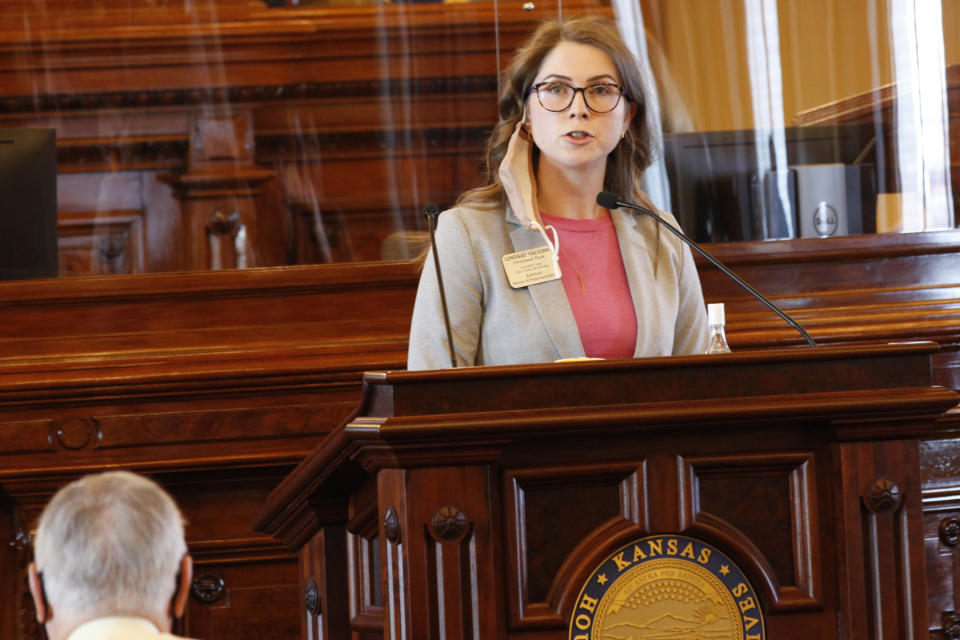 Kansas state Rep. Lindsay Vaughn, D-Overland Park, speaks against a proposed anti-abortion amendment to the Kansas Constitution during a House debate, Friday, Jan. 22, 2021, at the Statehouse in Topeka, Kan. Vaughn said if the amendment is enacted, it is likely to lead to a state ban on abortion, something backers of the measure dispute. (AP Photo/John Hanna, Pool)