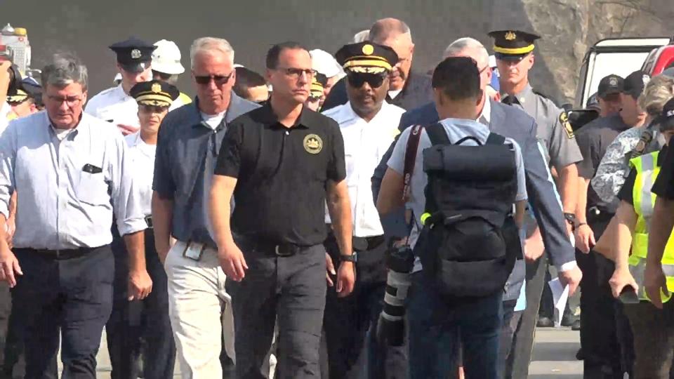 Pennsylvania Governor Josh Shapiro walking to the podium to brief the media after an elevated portion of the heavily traveled I-95 collapsed in Philadelphia on Sunday morning due to a vehicle fire.  on June 11, 2023.