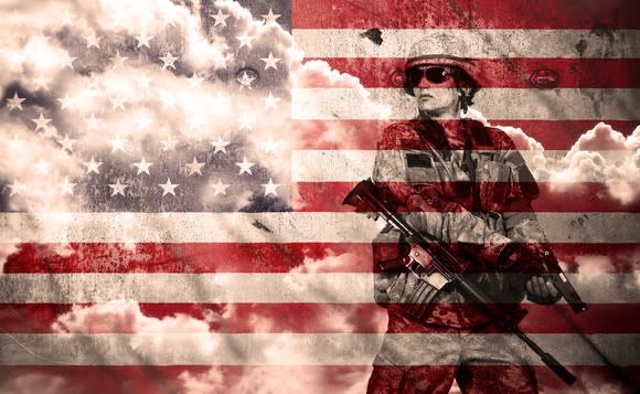 Soldier superimposed on American flag.