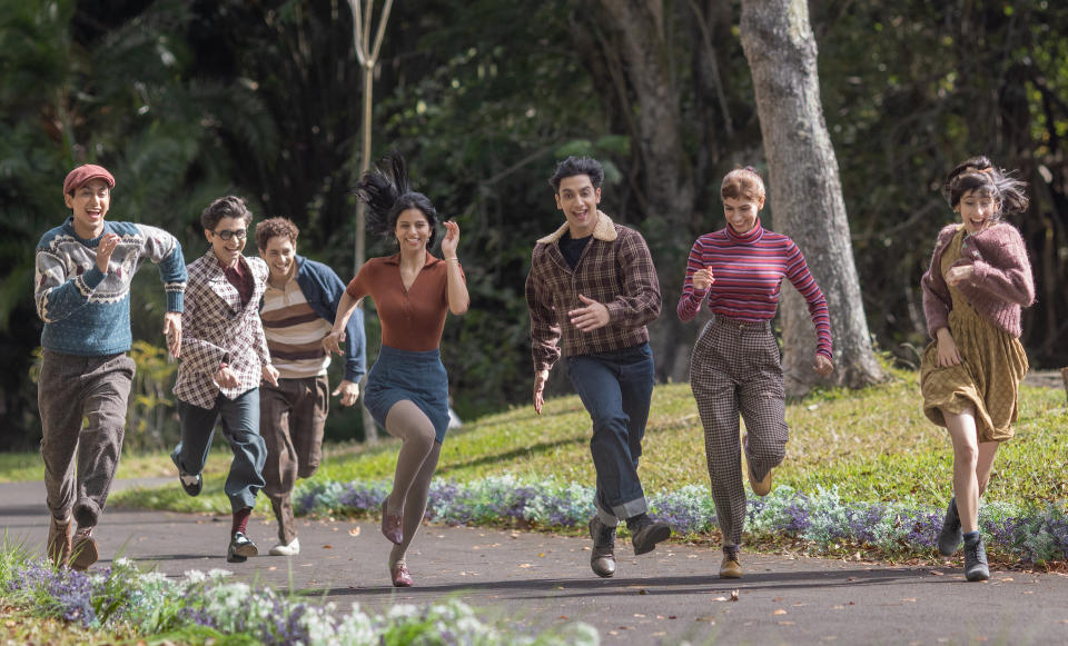 The Archies. (L to R) Mihir Ahuja as Jughead Jones, Yuvraj Menda as DIlton Doiley, Agastya Nanda as Archie Andrews, Suhana Khan as Veronica Lodge, Vedang Raina as Reggie Mantle, Suhana Khan as Veronica Lodge, Dot as Ethel Muggs in The Archies. Cr. Courtesy of Netflix © 2023