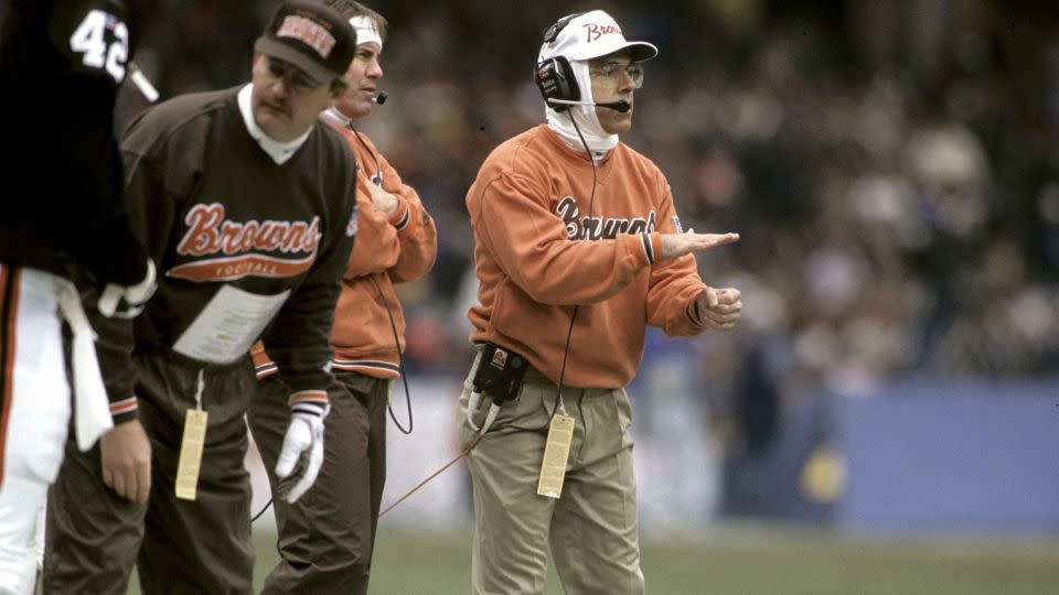 Nick Saban, right, served as defensive coordinator under head coach Bill Belichick, behind him to his right, on the Cleveland Browns from 1991 to 1994. - Al Messerschmidt/AP