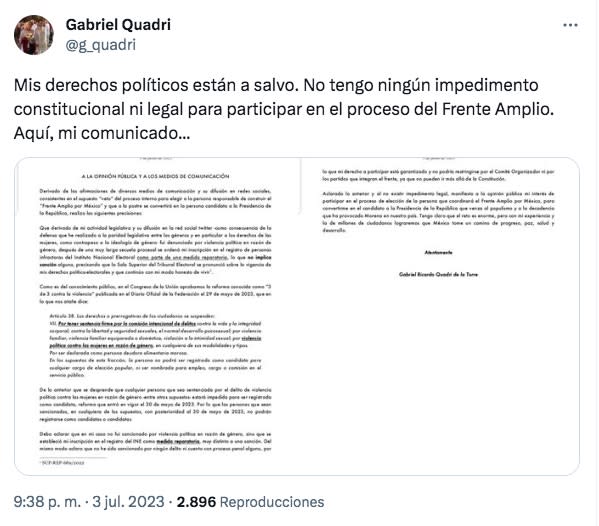 Tuit de Quadri donde niega impedimento para participar en el proceso del Frente Amplio. 