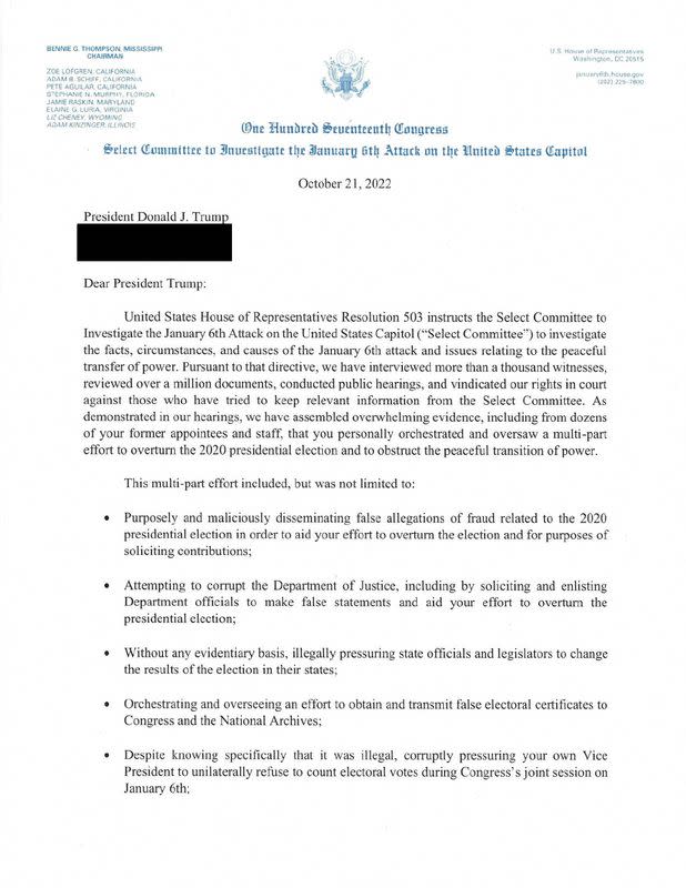 The cover letter of a subpoena issued to former President Donald Trump by the House January 6 Committee is seen in Washington