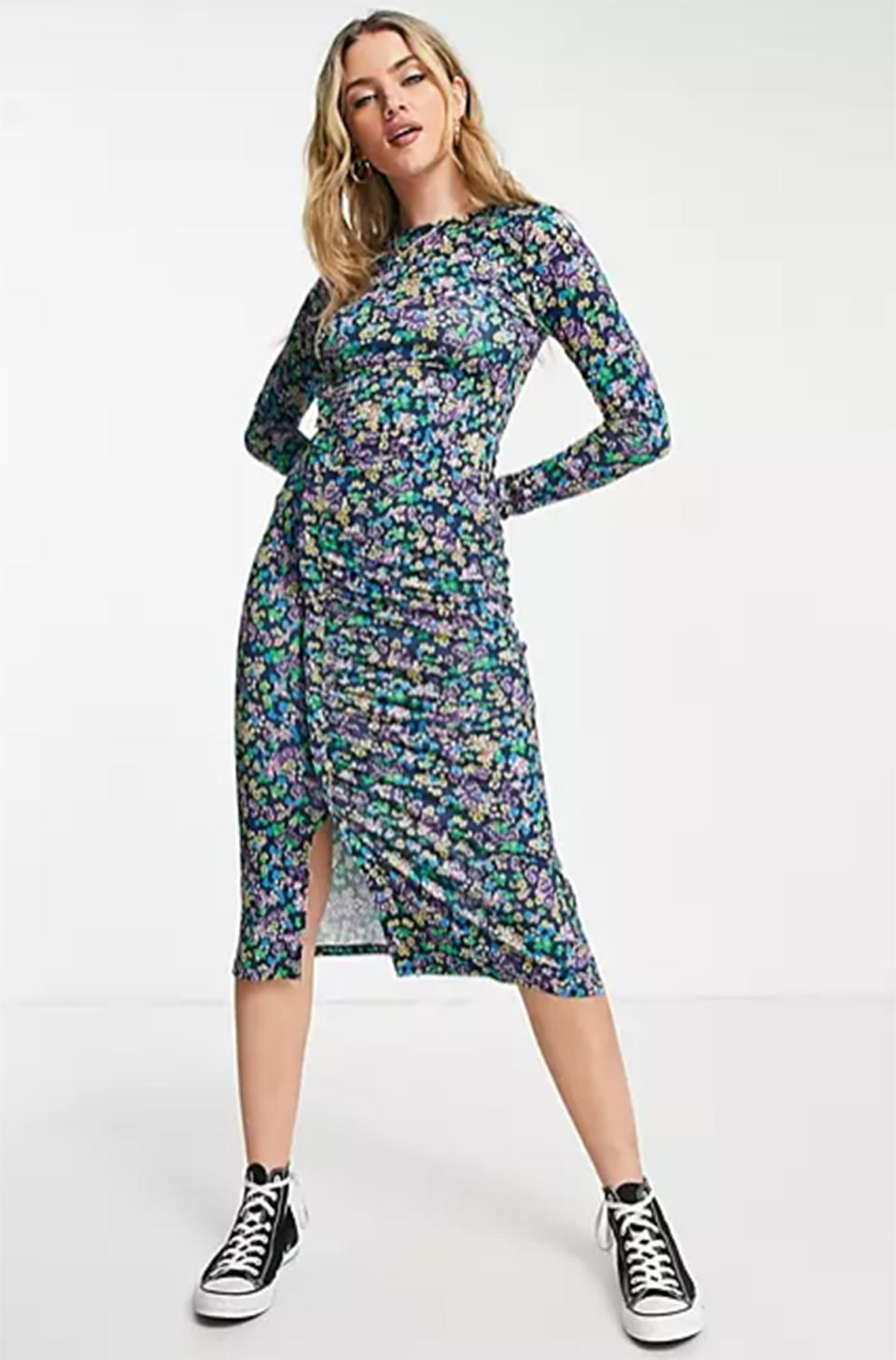 ASOS DESIGN midi dress with frill ruched detail in blue ditsy floral, $56. Photo: ASOS.