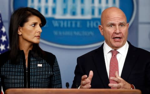 National security adviser H.R. McMaster, right, and U.S. Ambassador to the UN Nikki Haley, participate in a news briefing at the White House, in Washington - Credit: Carolyn Kaster 