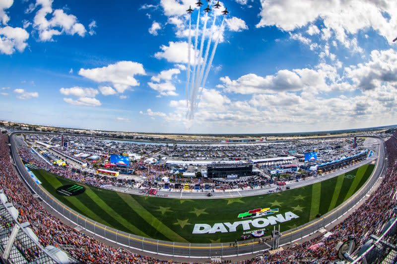 U.S. Air Force Thunderbirds perform a fly-by prior to the 2019 Daytona 500 on February 17 in Daytona, Fla. On February 22, 1959, the Daytona 500 was run for the first time. Lee Petty won the race. Photo by Edwin Locke/UPI