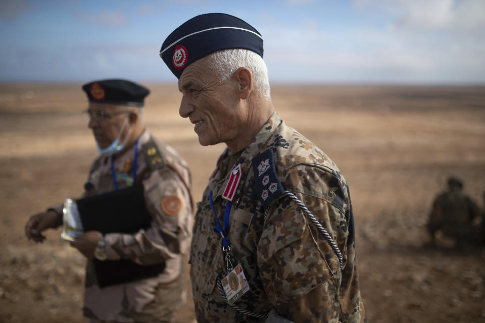 Observers from the Libya military attend a large scale drill as part of the African Lion military exercise, in Tantan, south of Agadir, Morocco, Friday, June 18, 2021. The U.S.-led African Lion war games, which lasted nearly two weeks, stretched across Morocco, a key U.S, ally, with smaller exercises held in Tunisia and in Senegal, whose troops ultimately moved to Morocco. (AP Photo/Mosa'ab Elshamy)