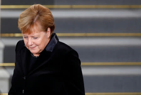 German Chancellor Angela Merkel is pictured after speaking during a ceremony to mark the 80th anniversary of Kristallnacht, also known as Night of Broken Glass, at Rykestrasse Synagogue, in Berlin, Germany, November 9, 2018. REUTERS/Axel Schmidt