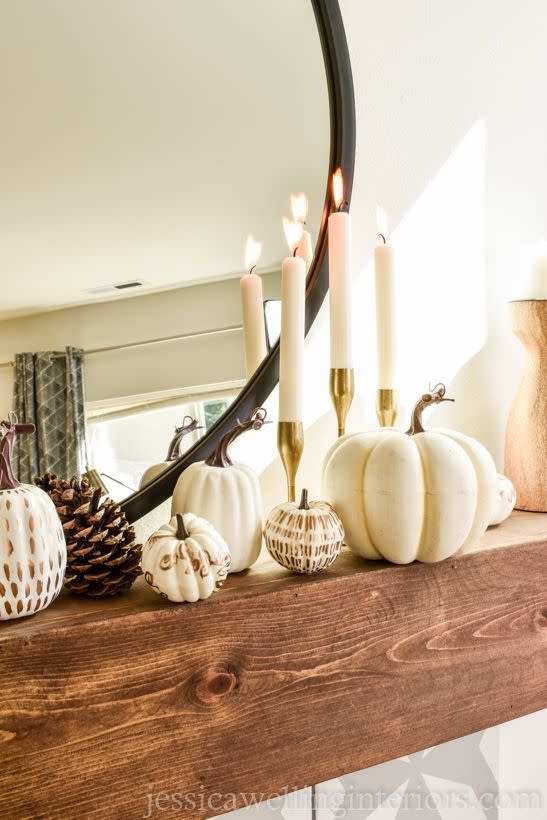 modern painted pumpkins fall mantel decor