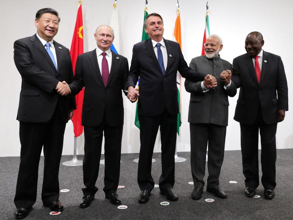 BRICS countries leaders Xi Jinping, Vladimir Putin, Jair Bolsonaro, Narendra Modi, and Cyril Ramaphosa