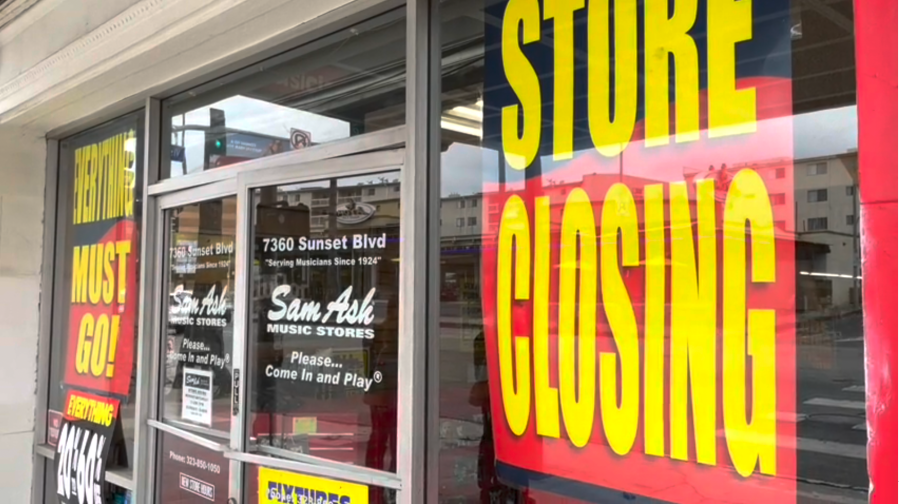 Sam Ash Music is closing all of its 42 locations, including seven in Southern California. The company made the announcement on May 3, 2024. (KTLA)