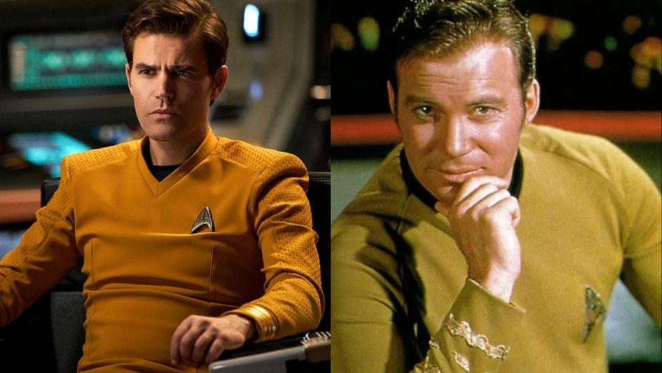 Paul Wesley as Captain Kirl in Strange New Worlds (L) and William Shatner as Captain Kirk in Star Trek: The Original Series (R). 