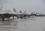 F-22 lined up alongside F-16s and an F-35 Lightning II (Photo: USAF)