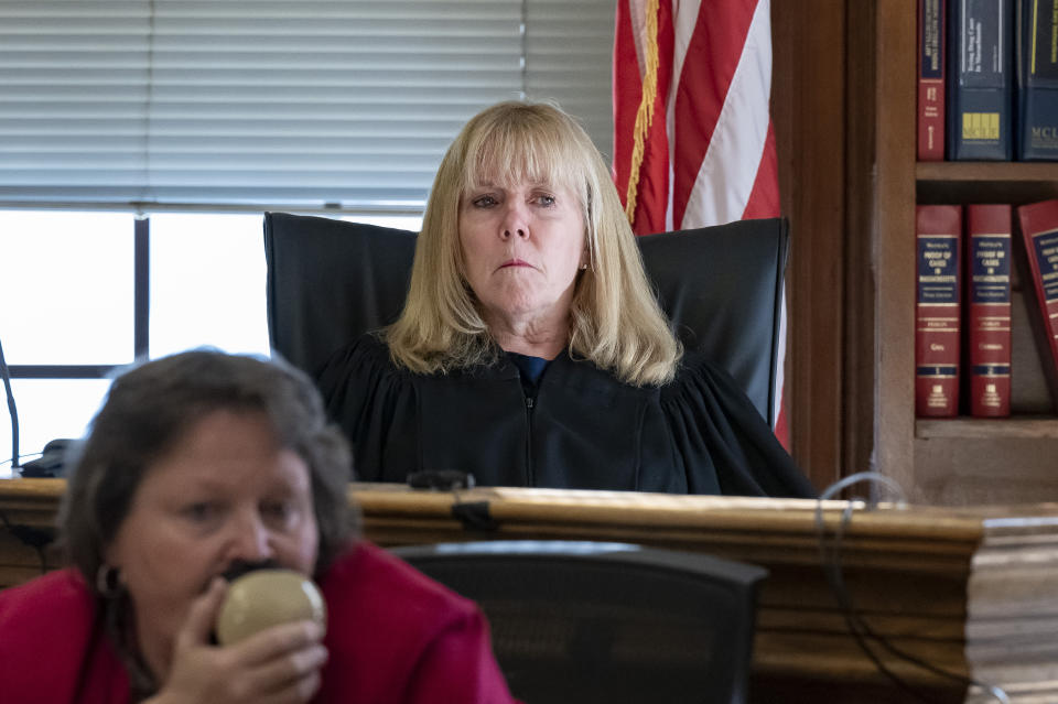 Judge Beverly Cannone listens during the Karen Read trial at Norfolk County Superior Court in Dedham, Mass., Thursday, June 13, 2024. (David McGlynn/The Patriot Ledger via AP, Pool)